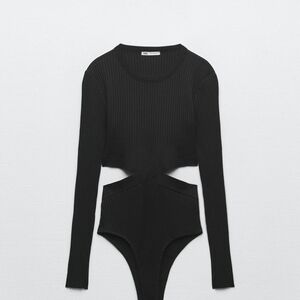 Black Ribbed Cut Out Backless Long Sleeve Bodysuit
